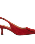 Red suede slingback shoe on a white background