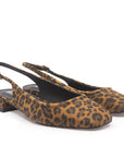 Pair of leopard print slingback shoes on a white background