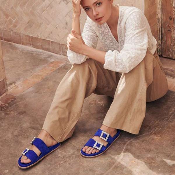 Billi Bi A4120 cobalt blue suede slide with statement buckles