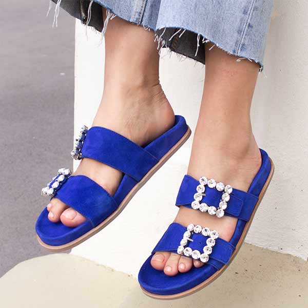 Billi Bi A4120 cobalt blue suede slide with statement buckles