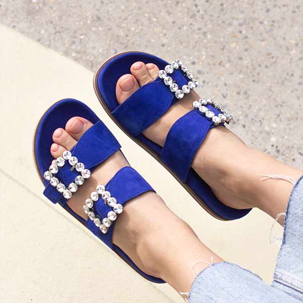 Billi Bi A4120 cobalt blue suede slide with statement buckles