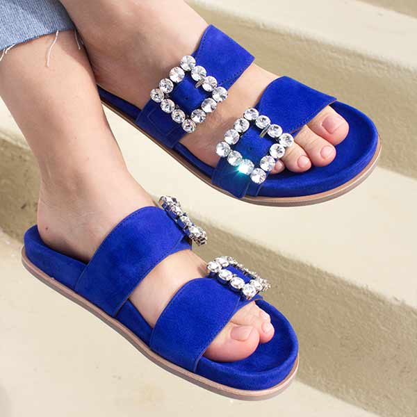 Billi Bi A4120 cobalt blue suede slide with statement buckles