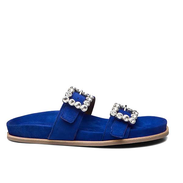 Billi Bi A4120 cobalt blue suede slide with statement buckles