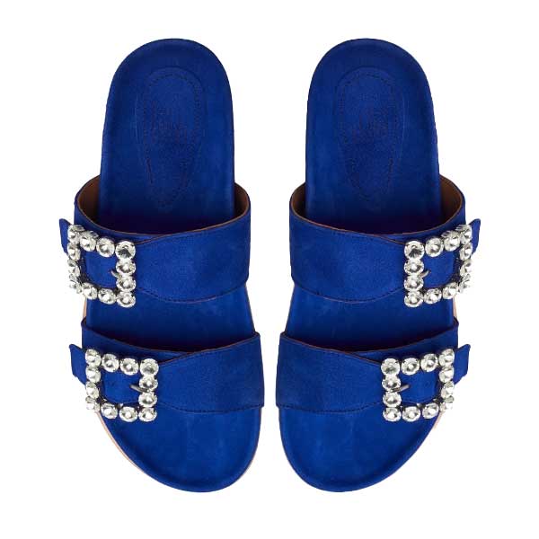 Billi Bi A4120 cobalt blue suede slide with statement buckles