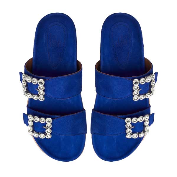 Billi Bi A4120 cobalt blue suede slide with statement buckles 