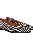 Pair of zebra print slingback flats on a white background