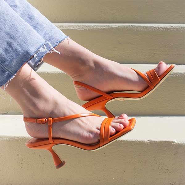 Lola Cruz Desana orange leather mid heeled strappy sandal