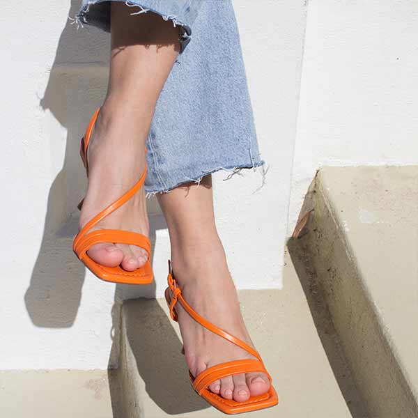 Lola Cruz Desana orange leather mid heeled strappy sandal