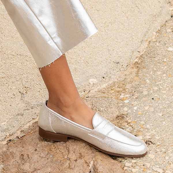 Maison Toufet -Hanna- Women&#39;s Metallic Silver Leather Loafer at The Nowhere Nation