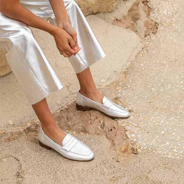 Maison Toufet -Hanna- Women&#39;s Metallic Silver Leather Loafer at The Nowhere Nation