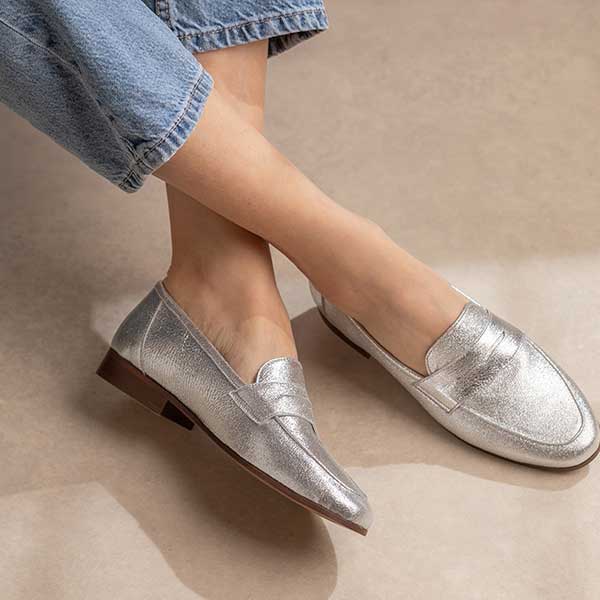 Maison Toufet -Hanna- Women&#39;s Metallic Silver Leather Loafer at The Nowhere Nation