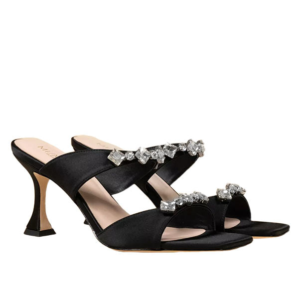 angled view of Mi/Mai Raina mules in black satin