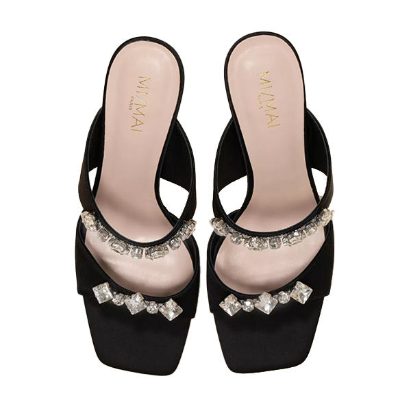 top view of Mi/Mai Raina mules in black satin with silver crystal details