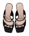 top view of Mi/Mai Raina mules in black satin with silver crystal details