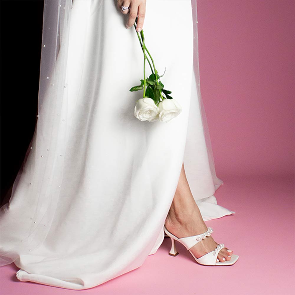 Raina White Satin | Pearl Mules