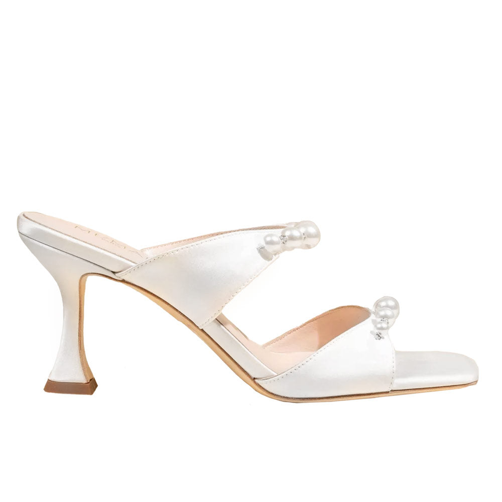 Raina White Satin | Pearl Mules