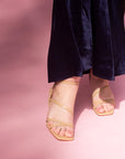 Mi/Mai Venice strappy sandal with ankle strap in beige leather styled with navy dress for Spring event