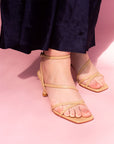 Mi/Mai Venice strappy sandal with ankle strap in beige leather styled with navy dress for Spring event