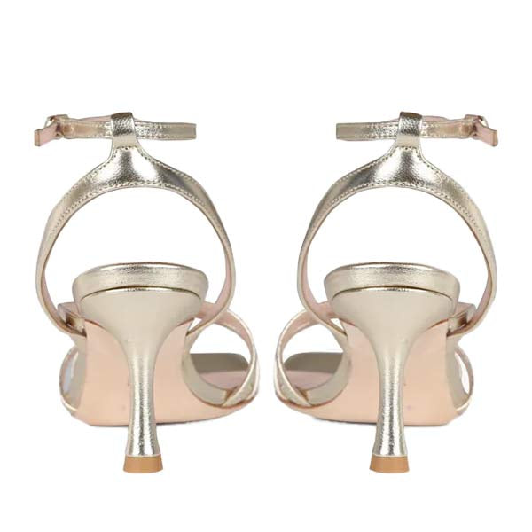 back view of Mi/Mai Venice strappy sandal  with ankle strap in soft metallic gold leather