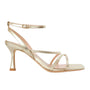 side view of Mi/Mai Venice strappy sandal  with ankle strap in soft metallic gold leather