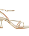 side view of Mi/Mai Venice strappy sandal with ankle strap in soft metallic gold leather