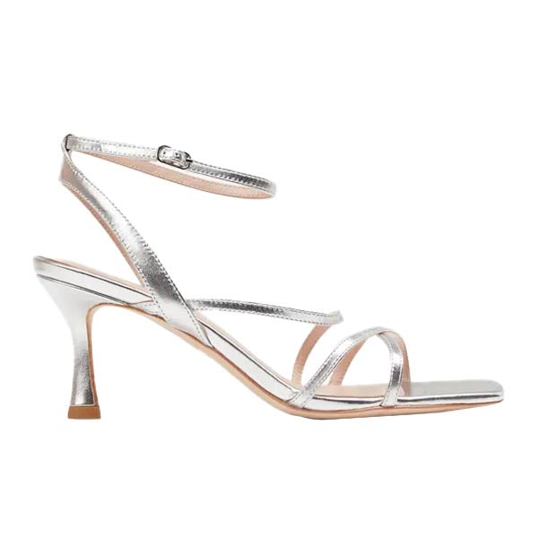 side view of Mi/Mai Venice strappy sandal  with ankle strap in metallic silver leather