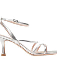 side view of Mi/Mai Venice strappy sandal with ankle strap in metallic silver leather