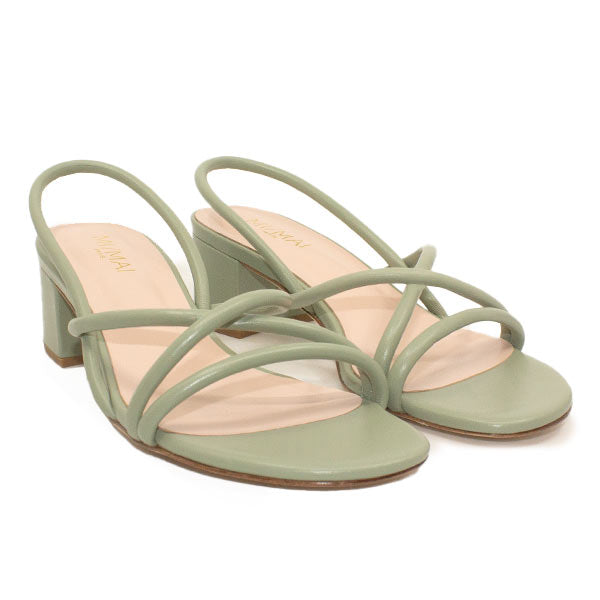 angle view of Mi/Mai Nelly strappy slingback sandal with mid block heel in sage green