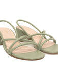 angle view of Mi/Mai Nelly strappy slingback sandal with mid block heel in sage green