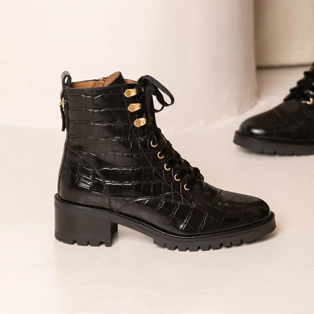 Elisabeth Black Croc Leather Ankle Boot - Main Image