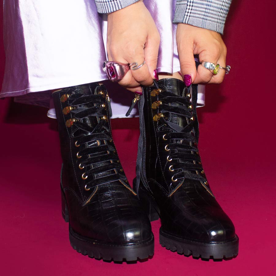 Elisabeth Black Croc Leather Ankle Boot - Main Image