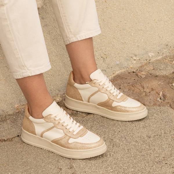 Maison Toufet- Armelle- Women&#39;s Cream &amp; Gold Leather Sneaker at The Nowhere Nation