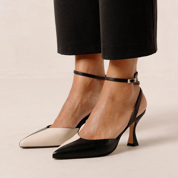 ALOHAS Cinderella black and white leather pumps on model
