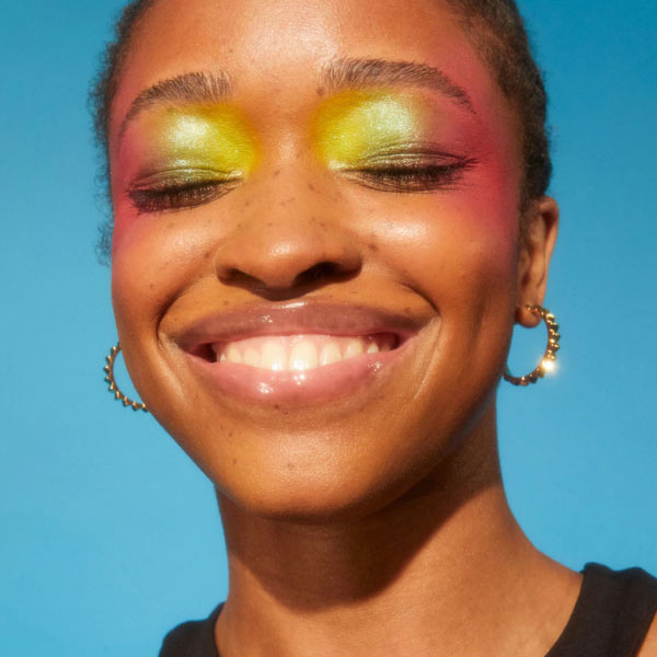 Kat Maconie prism stud hoops medium gold earrings on model
