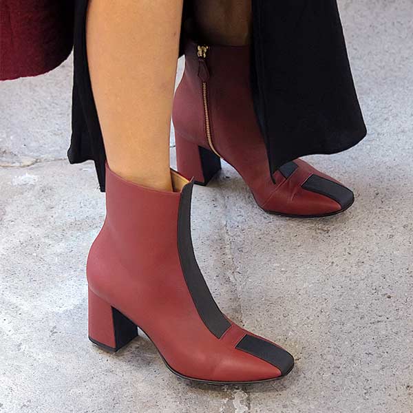 Sylven new York Jayne red/black apple leather boots on model 4