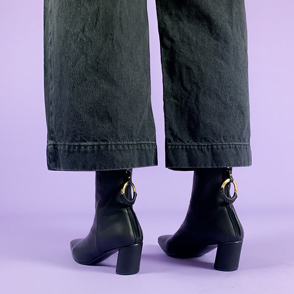 Reike Nen Oblique Ring Black Mid heel patent leather ankle boot lifestyle 2