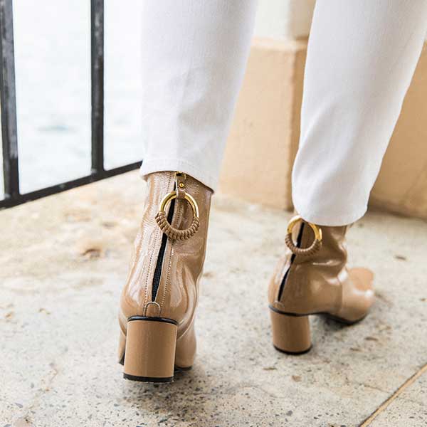 Reike Nen Oblique Ring Beige Mid heel patent leather ankle boot lifestyle 7