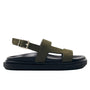 Khaki sandal with a black sole on a white background