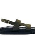 Khaki sandal with a black sole on a white background