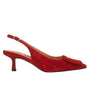 Red suede slingback shoe on a white background