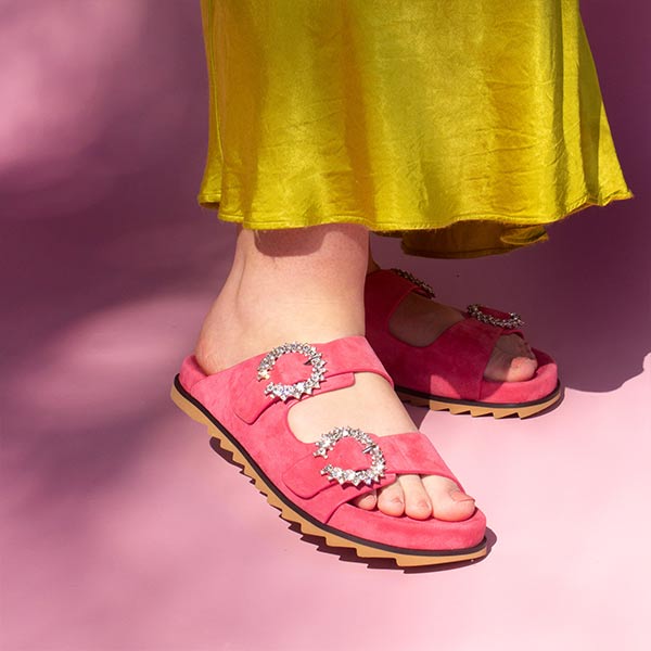 Pink Coral suede JUAL slides  by Bibi Lou, showing the moulded footbed and crystal buckles