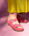 Pink Coral suede JUAL slides  by Bibi Lou, showing the moulded footbed and crystal buckles