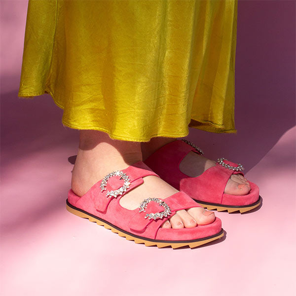 Coral pink suede JUAL slides by Bibi Lou styled with a summer outfit