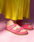 Coral pink suede JUAL slides by Bibi Lou styled with a summer outfit