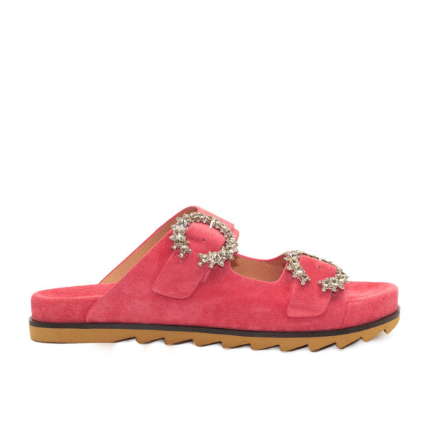 Side view of coral pink suede JUAL slides by Bibi Lou with crystal buckles