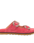 Side view of coral pink suede JUAL slides by Bibi Lou with crystal buckles