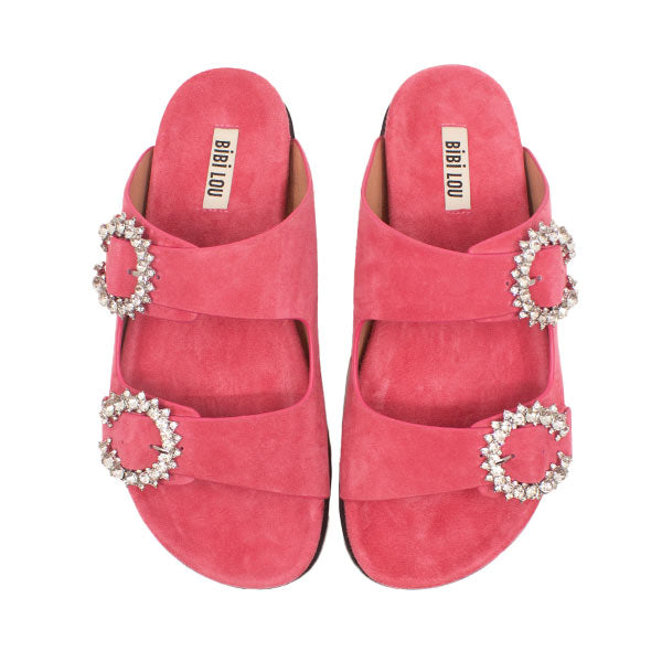 Top  view of coral pink suede JUAL slides by Bibi Lou with crystal buckle