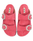 Top  view of coral pink suede JUAL slides by Bibi Lou with crystal buckle