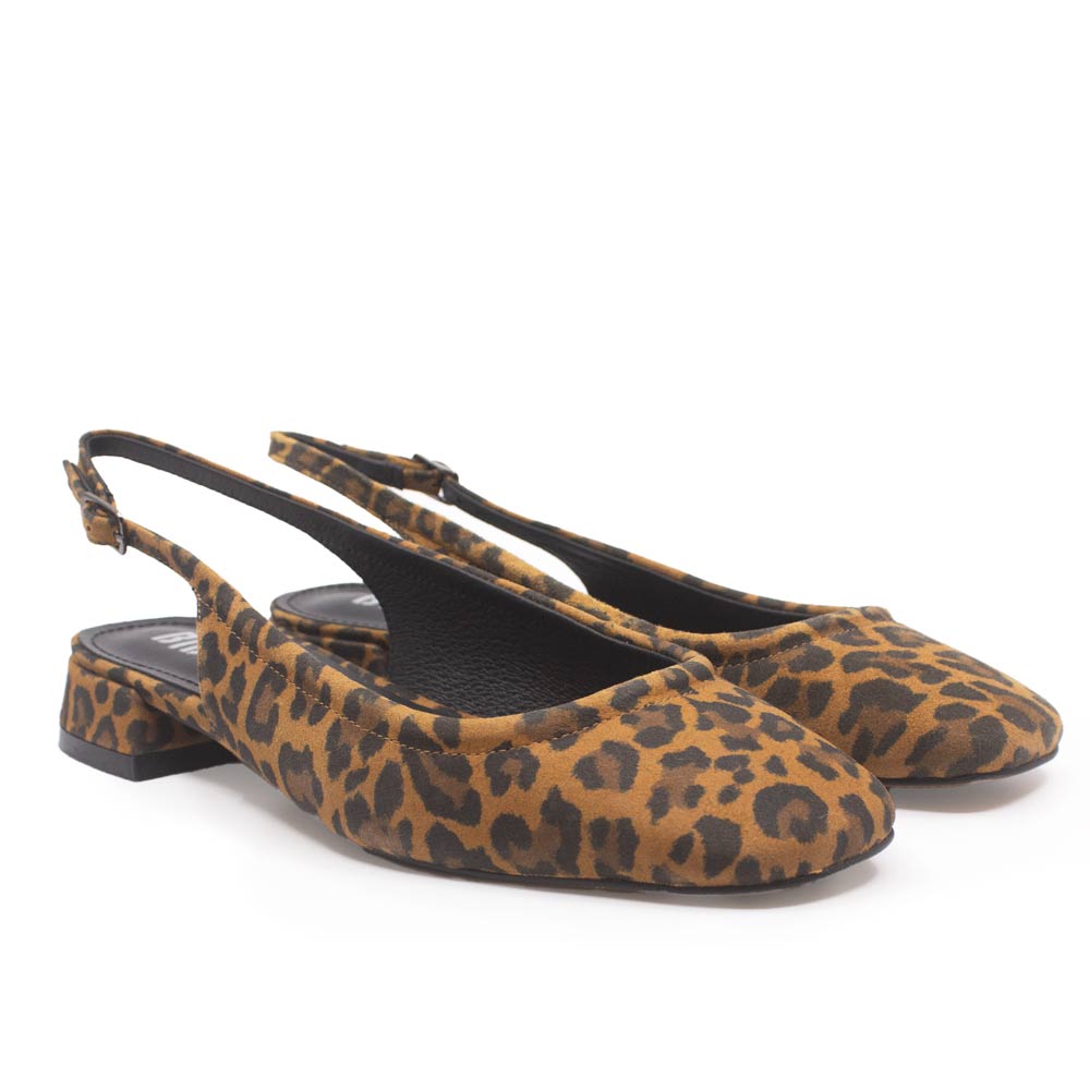 Pair of leopard print slingback shoes on a white background