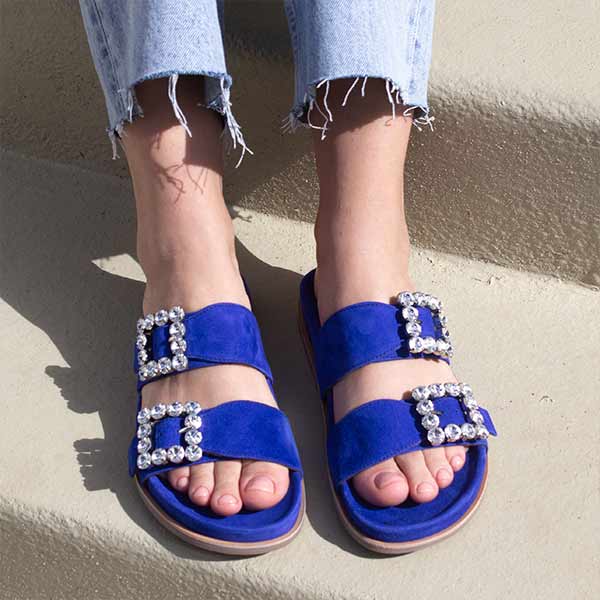 Billi Bi A4120 cobalt blue suede slide with statement buckles 